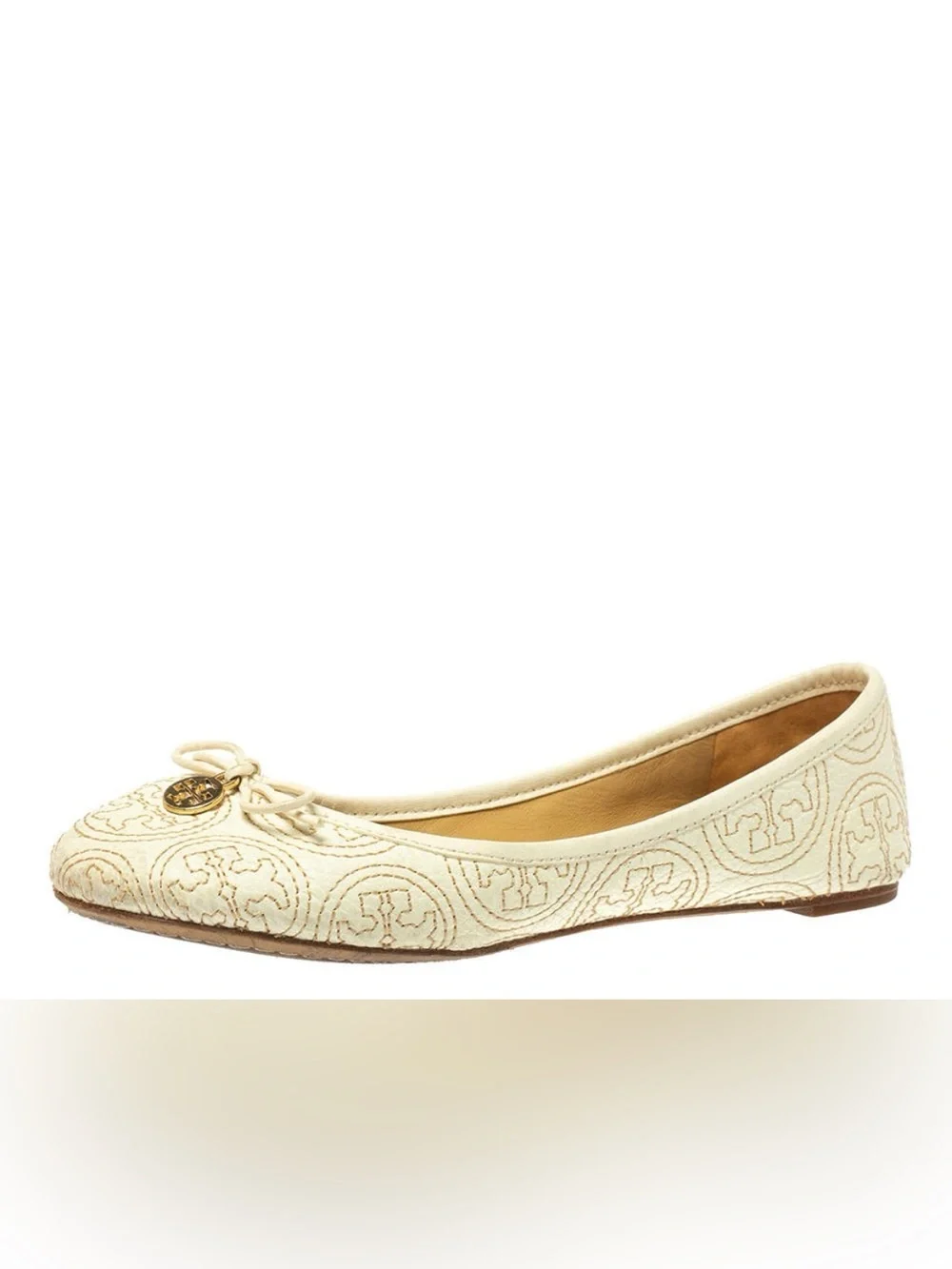 Tory Burch Cream Embroidered Ballet Flat with Logo Medallion